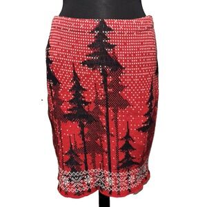 NEW Green 3 Snowy Trees Knit Pencil Skirt Size Med‎ Red Black Preppy Academia